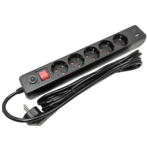 Produzni-kabl-sa-zastitom-5-uticnica-1.8m-USB-A-i-USB-C-ulaz-crn-Gembird-SPG5-B-6-3G-1.5-2-bubalica